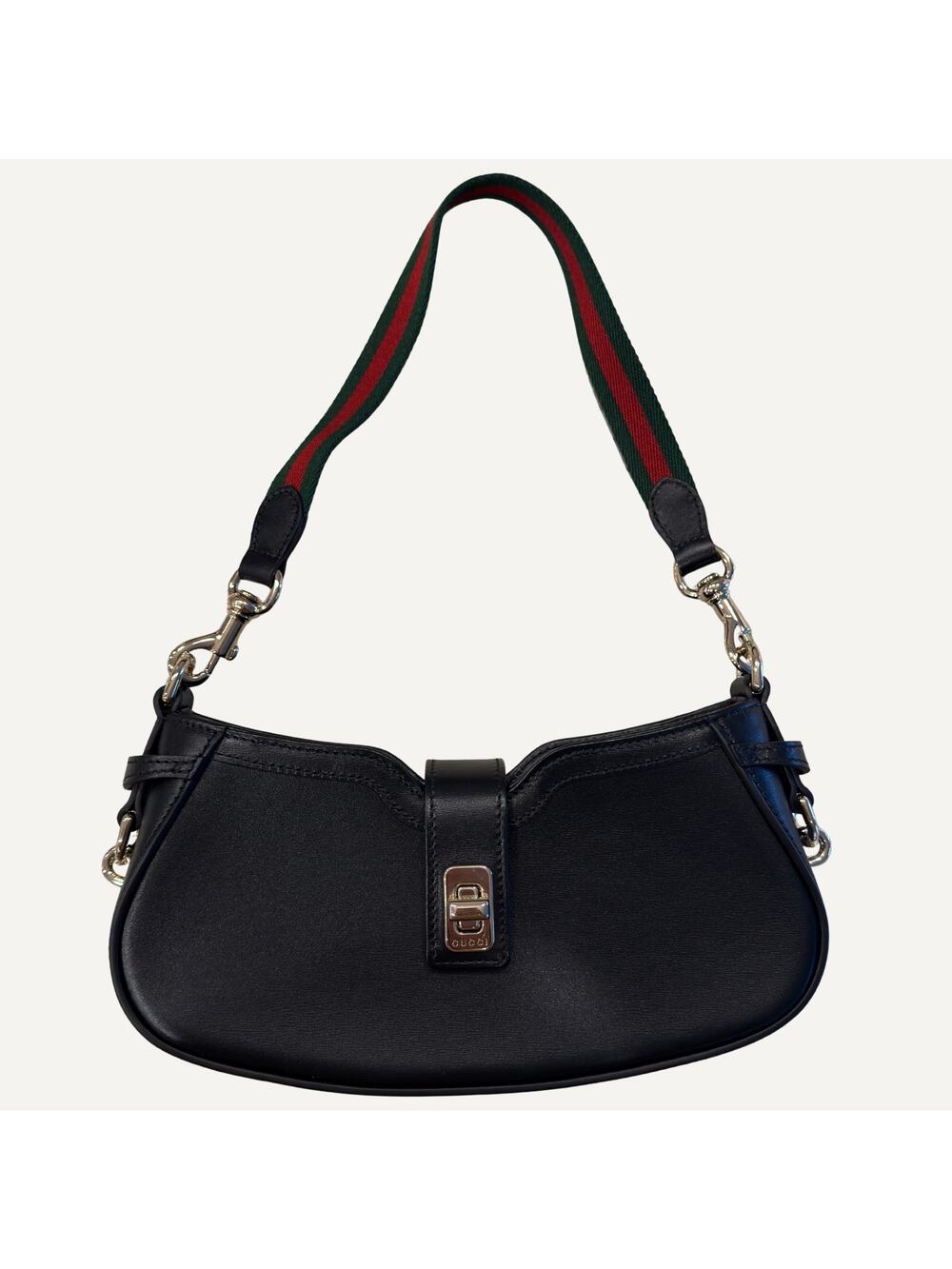 Gucci Moon Side Small Shoulder Bag Black Leather Web Strap Silver Hardware